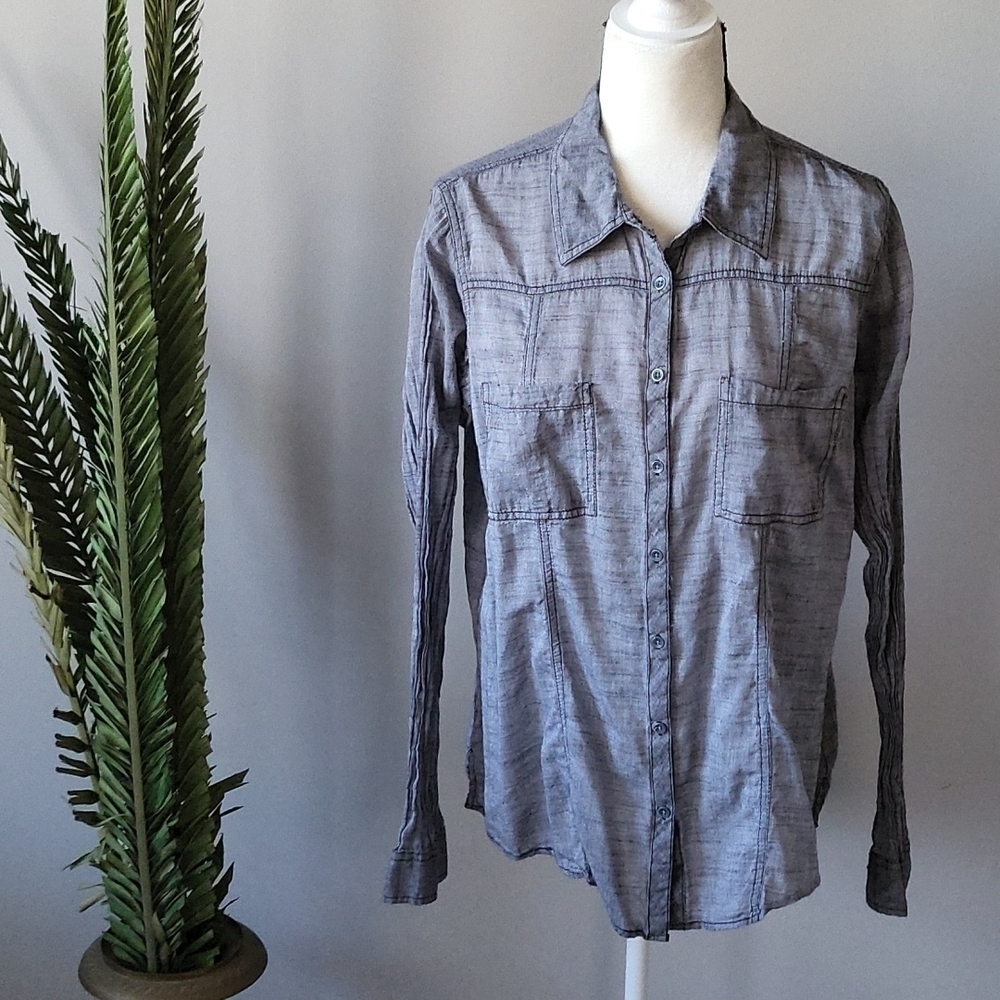Maurices semi sheer gray button down top with crinkle sleeves